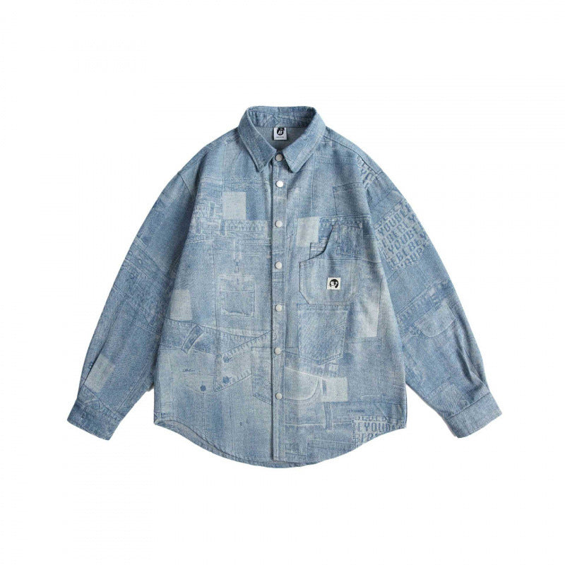 Unisex Oversize-Jeanshemd mit Allover-Patchprint und Brusttasche Nord Taschen