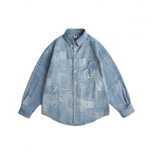 Unisex Oversize-Jeanshemd mit Allover-Patchprint und Brusttasche Nord Taschen