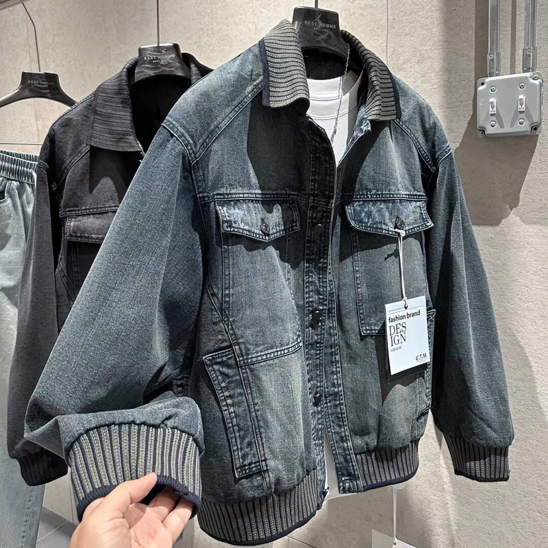 Herren Weitgeschnittene Jeansjacke mit geripptem Kontrastkragen und Vintage-Waschung Nord Taschen