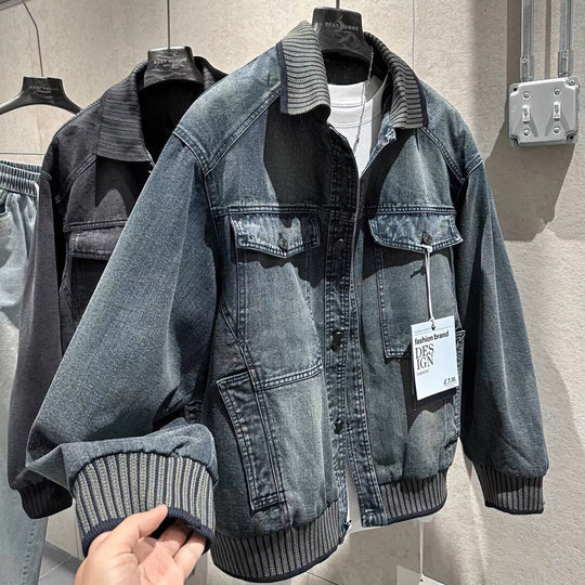 Herren Weitgeschnittene Jeansjacke mit geripptem Kontrastkragen und Vintage-Waschung Nord Taschen