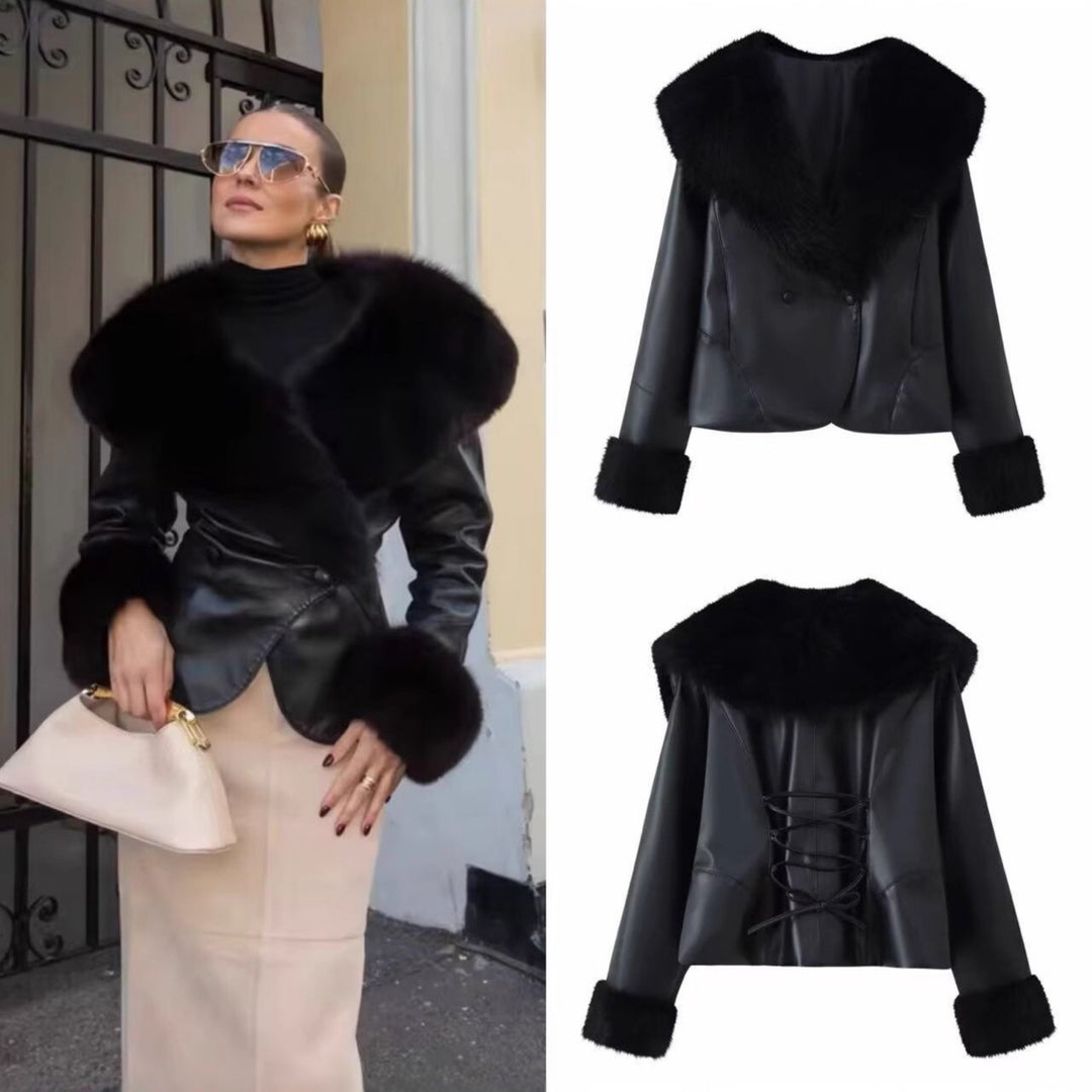 Damen Kurzjacke aus Kunstleder mit voluminösem Faux-Fur-Kragen und Fellmanschetten Nord Taschen