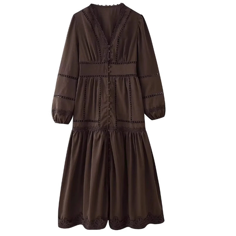 Damen 80+ Maxikleid mit V‑Ausschnitt, Spitzenbesatz, Knopfleiste und Ballonärmeln Nord Taschen