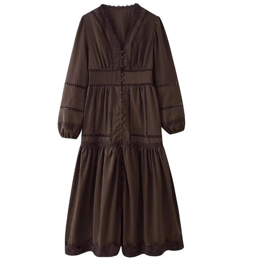 Damen 80+ Maxikleid mit V‑Ausschnitt, Spitzenbesatz, Knopfleiste und Ballonärmeln Nord Taschen