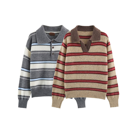 Damen Gestreifter Oversize-Pullover mit Polokragen und V-Ausschnitt Nord Taschen