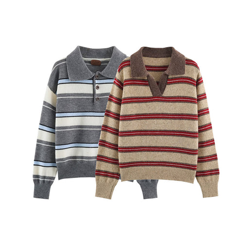 Damen Gestreifter Oversize-Pullover mit Polokragen und V-Ausschnitt Nord Taschen
