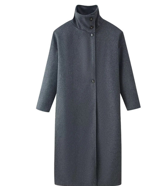 Damen 300+ langer minimalistischer Wollmix‑Mantel mit Stehkragen und verdeckter Knopfleiste Nord Taschen
