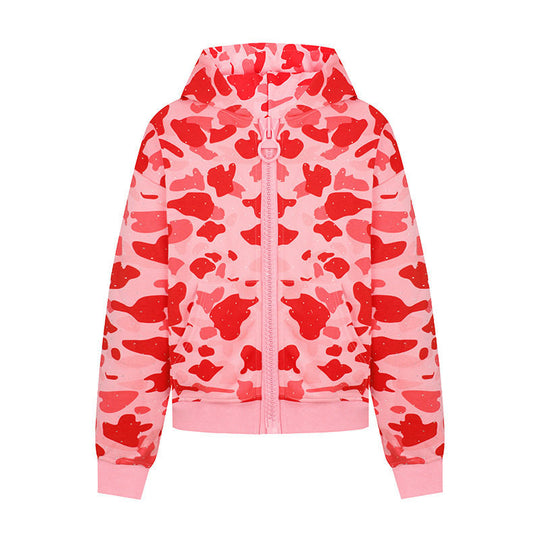 Damen Kapuzenjacke im Camouflage‑Print mit durchgehendem Reißverschluss, Kängurutasche und Rippbündchen Nord Taschen