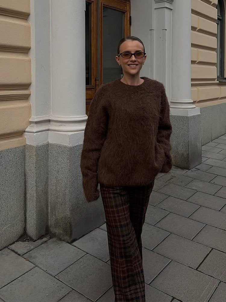 Damen Kuscheliger Mohair‑Optik Pullover mit Rundhalsausschnitt und legerer Silhouette Nord Taschen