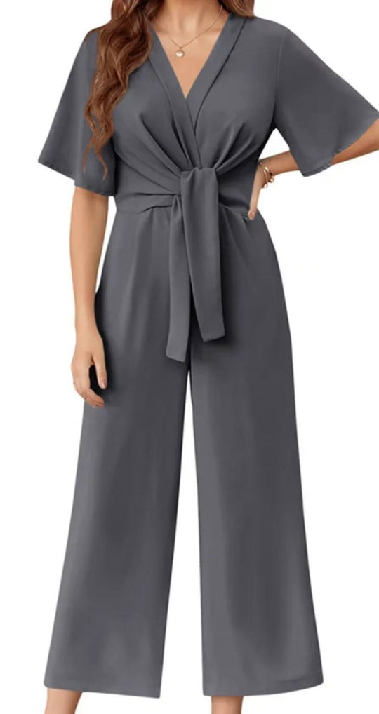 Damen eleganter Wickel-Jumpsuit mit weiten Beinen und Taillengürtel