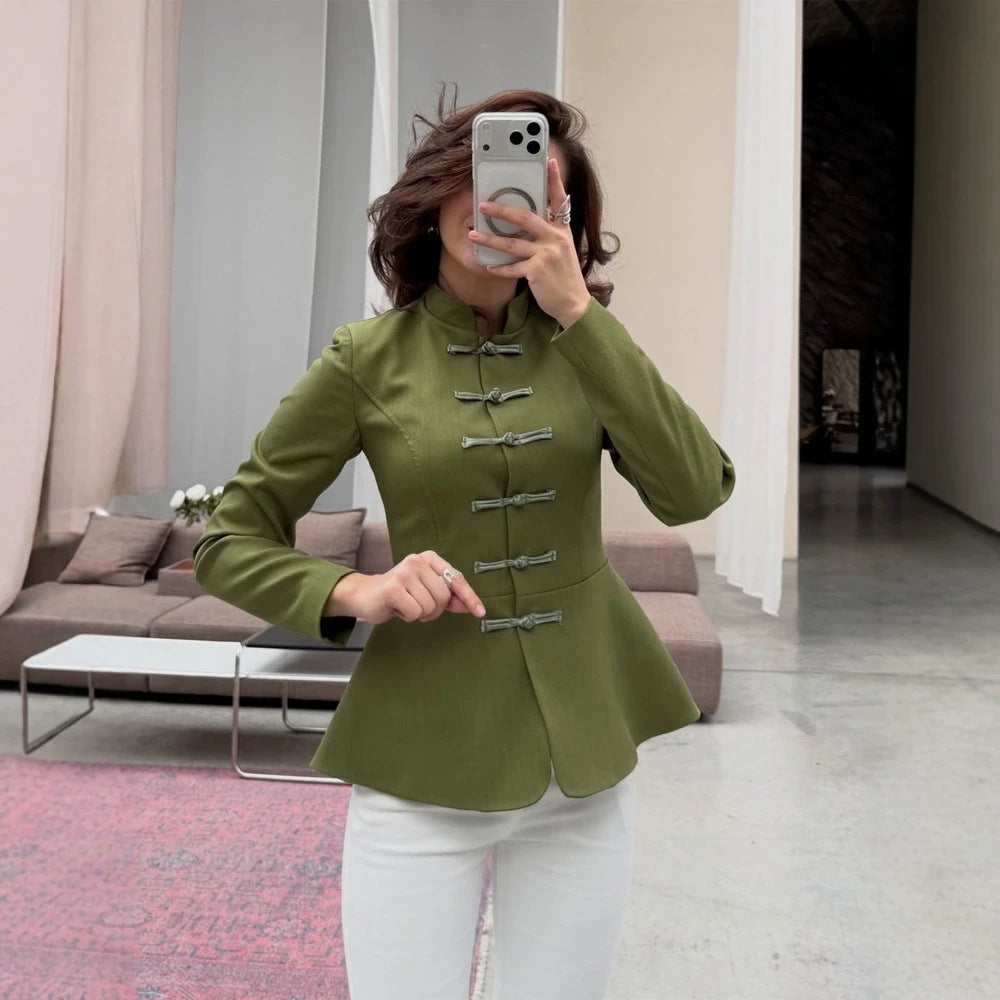 Damen Taillierte Militärinspirierte Jacke mit Stehkragen, Kordelverschlüssen und Schößchen Nord Taschen
