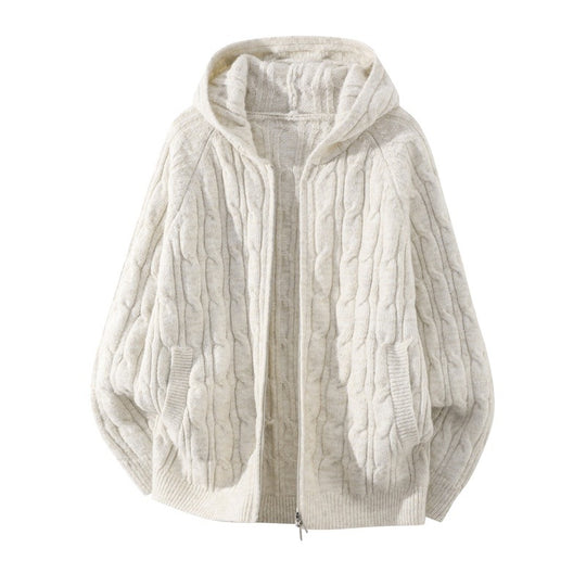 Damen Oversize Zopfstrick-Kapuzencardigan mit durchgehendem Reißverschluss und Ballonärmeln Nord Taschen