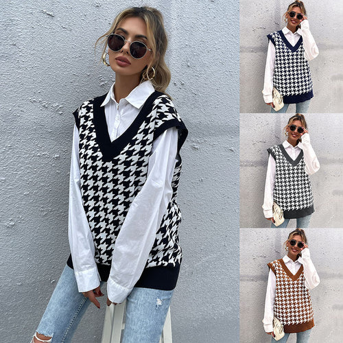 Damen Oversize Strickweste mit Hahnentrittmuster und V-Ausschnitt Nord Taschen