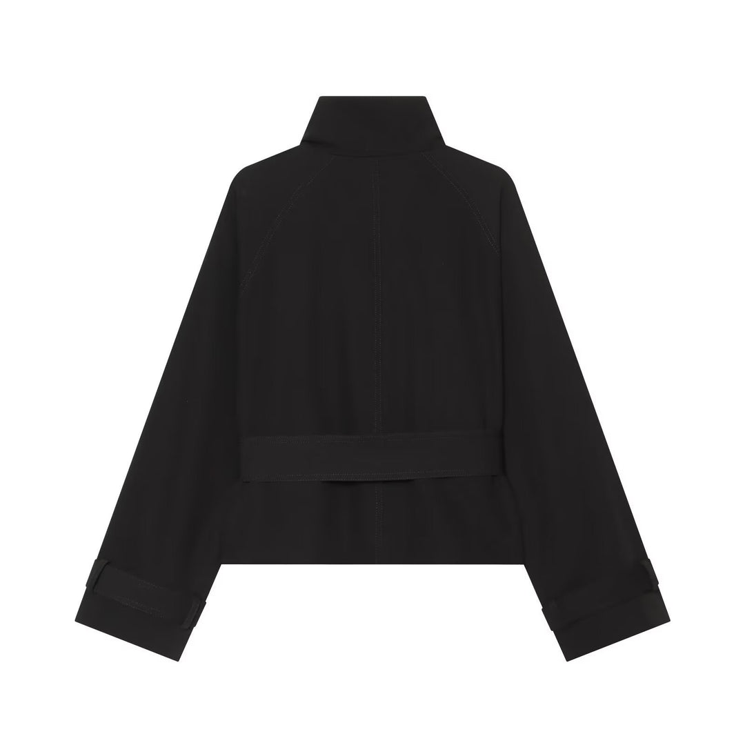 Damen Kurzer doppeltreihiger Trench‑Cape mit Schulterklappen und Taillengürtel Nord Taschen