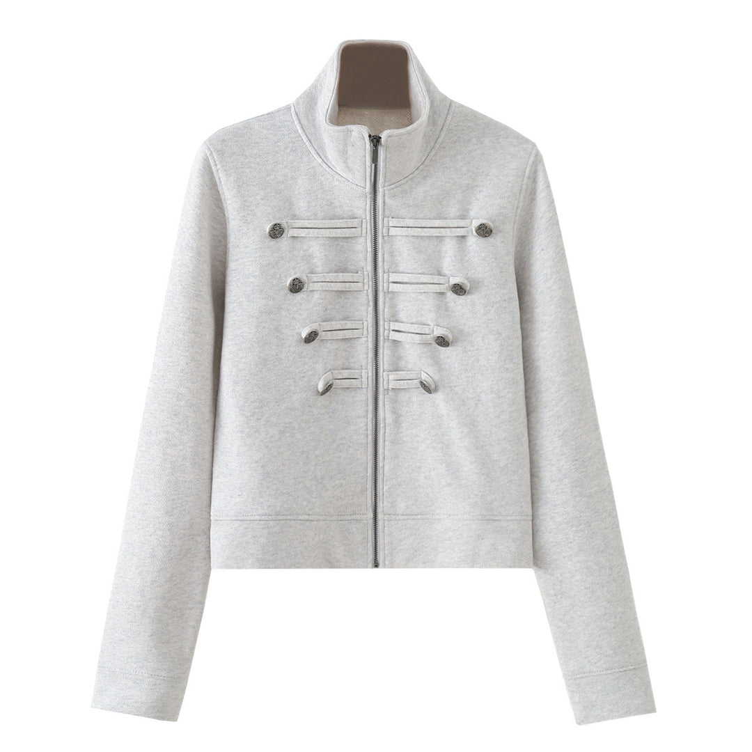 Damen Kurz geschnittene Sweatjacke mit Stehkragen und dekorativen Zierpaspeln Nord Taschen