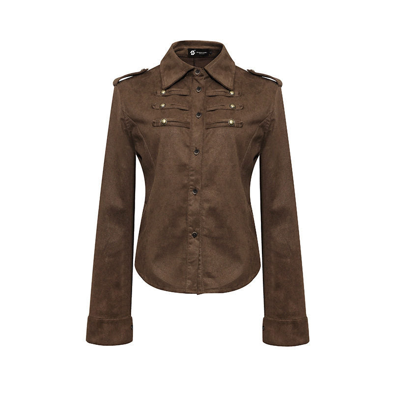 Damen Militärische Velours‑Optik Jacke mit Schulterklappen und Zierriegeln Nord Taschen
