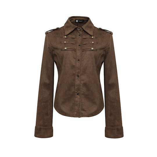 Damen Militärische Velours‑Optik Jacke mit Schulterklappen und Zierriegeln Nord Taschen