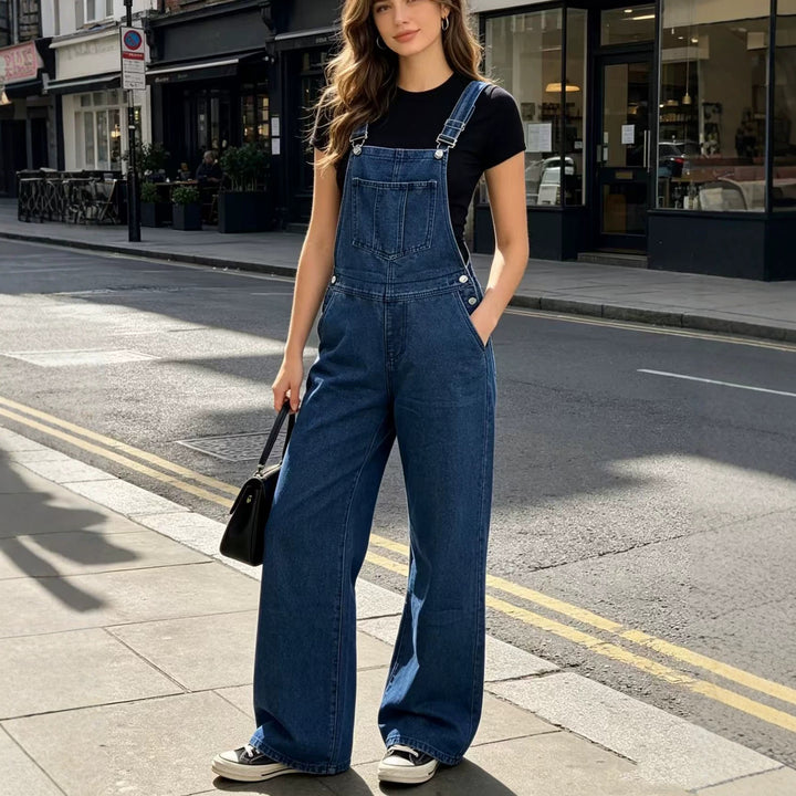 Damen weite Denim-Latzhose mit hoher Taille, verstellbaren Trägern und lässigem Schlag Nord Taschen