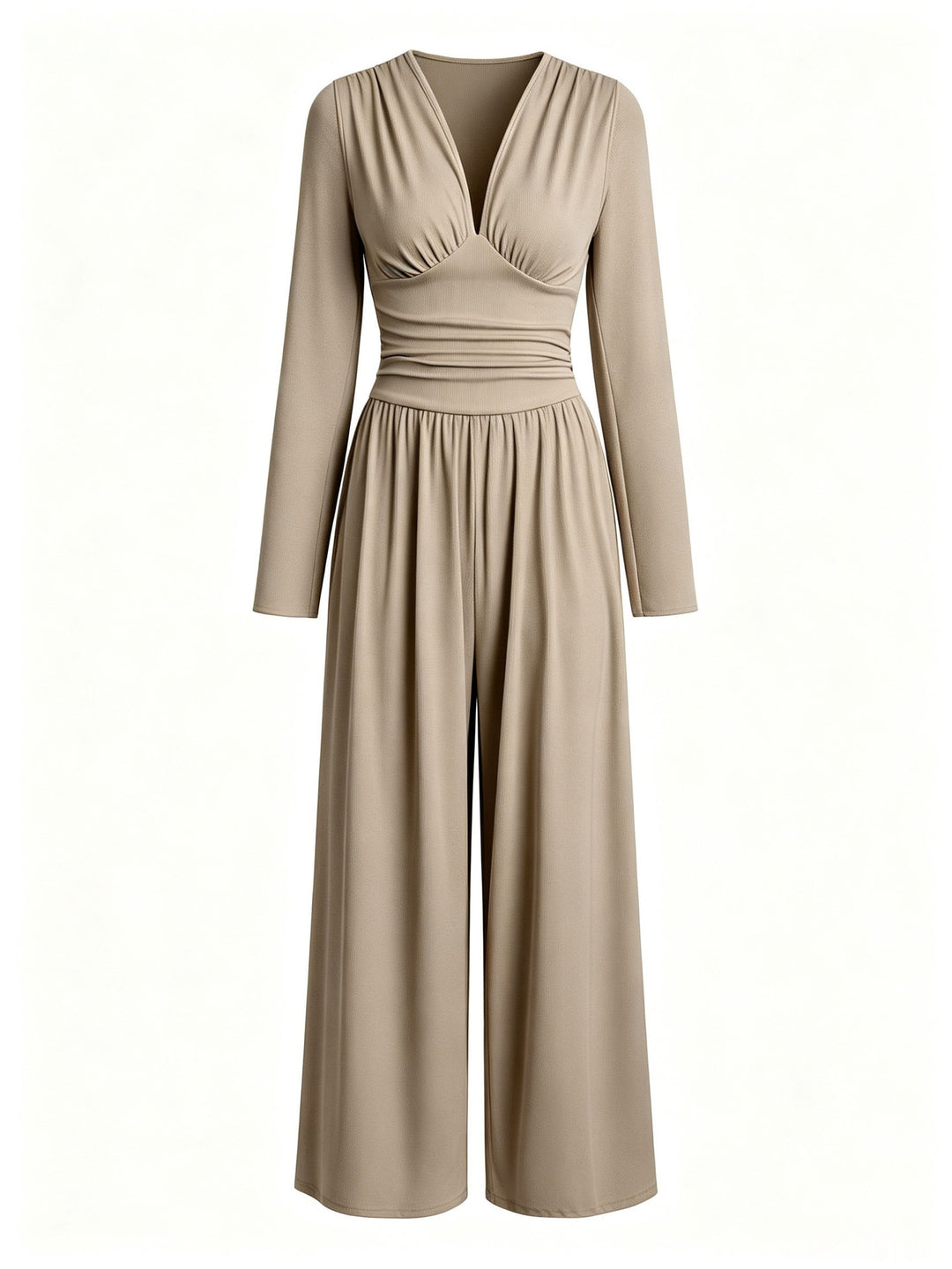 Damen Eleganter V‑Ausschnitt Jumpsuit mit tailliertem Wickelbund und weitem Hosenbein Nord Taschen