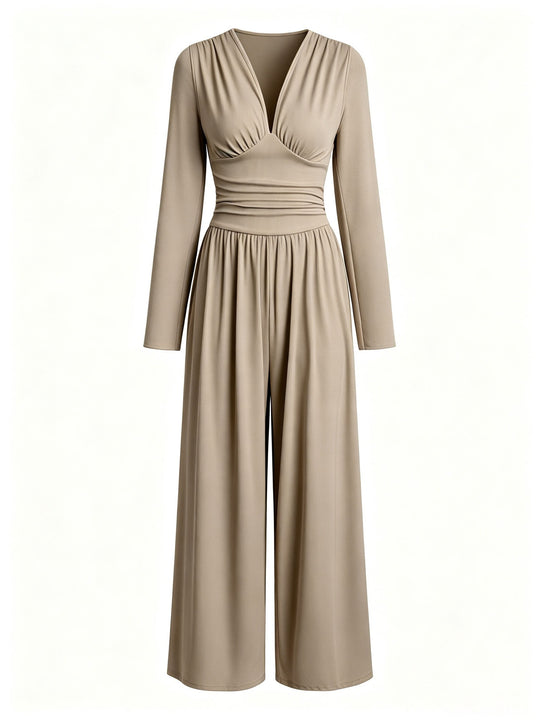 Damen Eleganter V‑Ausschnitt Jumpsuit mit tailliertem Wickelbund und weitem Hosenbein Nord Taschen