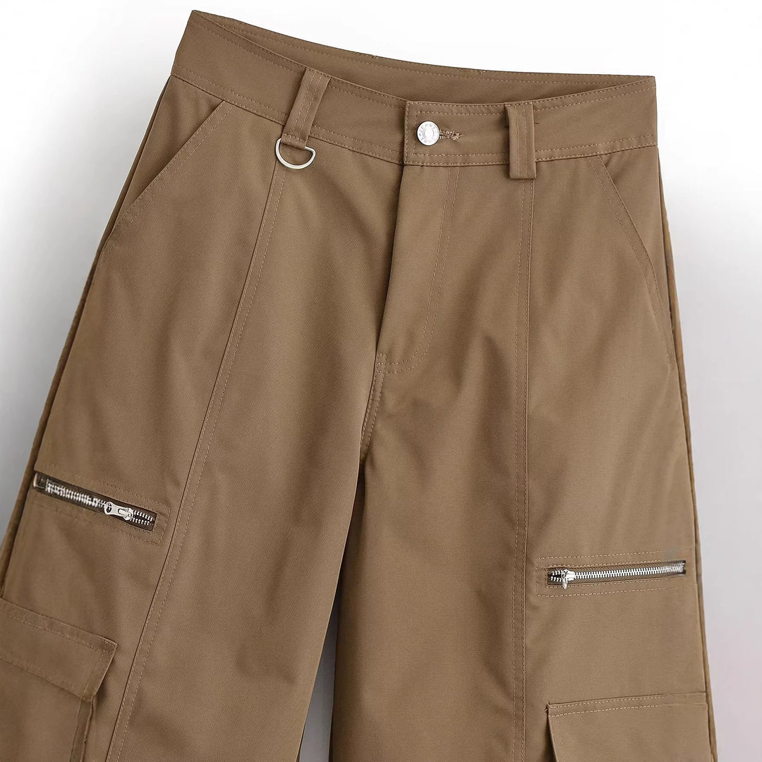 Damen Weite Cargo-Hose mit Utility-Taschen, Reißverschluss-Details und hoher Taille Nord Taschen