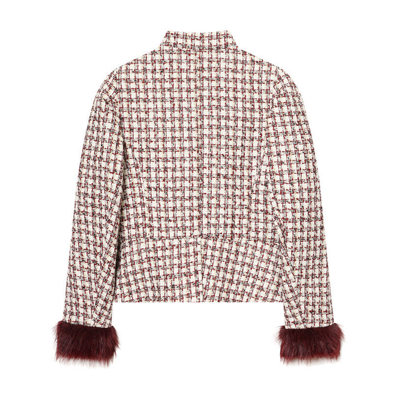 Damen Kurzblazer aus Bouclé‑Tweed mit Stehkragen und Kunstfellmanschetten Nord Taschen