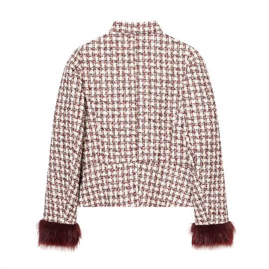 Damen Kurzblazer aus Bouclé‑Tweed mit Stehkragen und Kunstfellmanschetten Nord Taschen