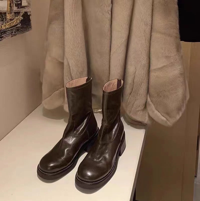 Damen Mid‑Calf Stretch-Lederstiefel mit runder Kappe und profilierter Plateausohle Nord Taschen