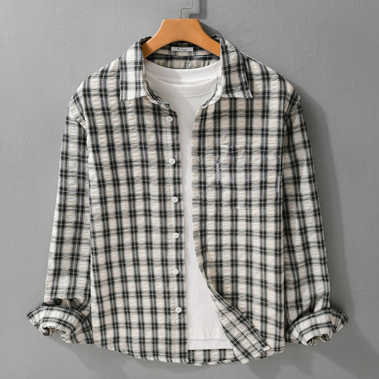 Herren Leichtes kariertes Baumwoll-Overshirt mit Soft-Crinkle‑Struktur, Brusttasche und Relaxed‑Fit Nord Taschen