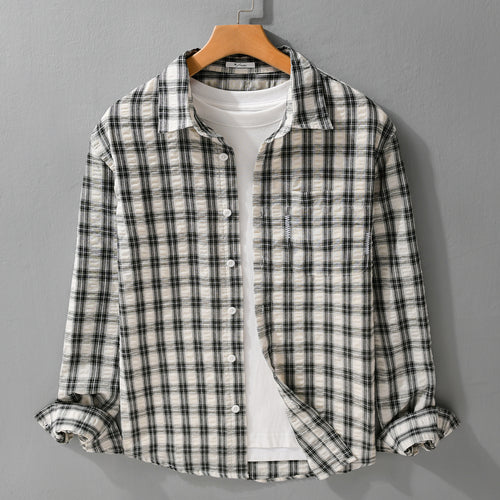Herren Leichtes kariertes Baumwoll-Overshirt mit Soft-Crinkle‑Struktur, Brusttasche und Relaxed‑Fit Nord Taschen
