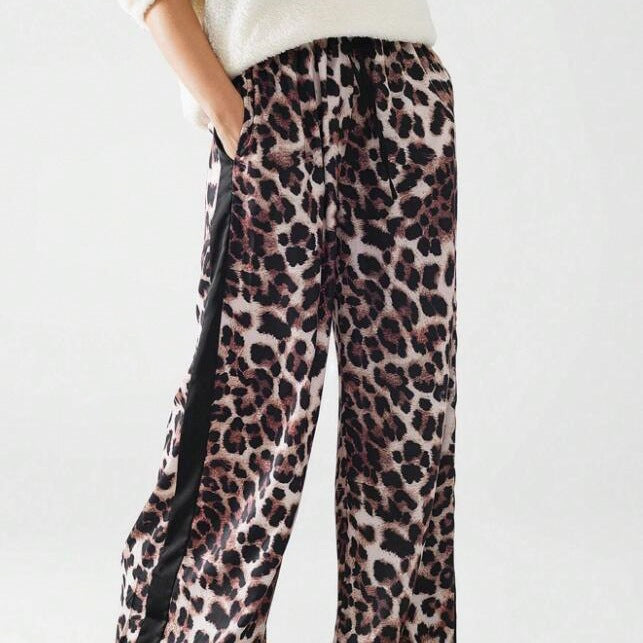 Damen weite Leinenhose mit modischem Leopardenmuster und kontrastierendem Streifen