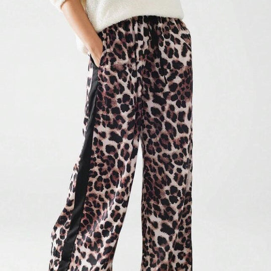 Damen weite Leinenhose mit modischem Leopardenmuster und kontrastierendem Streifen
