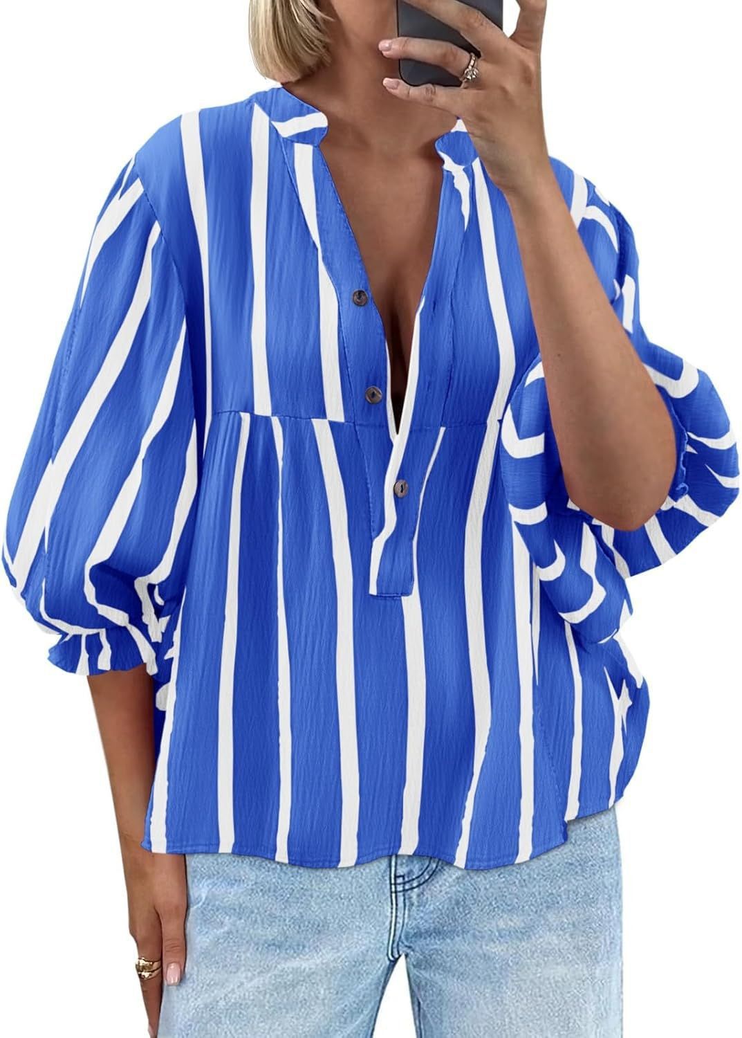Damen oversize Bluse mit Streifenmuster und Knopfleiste