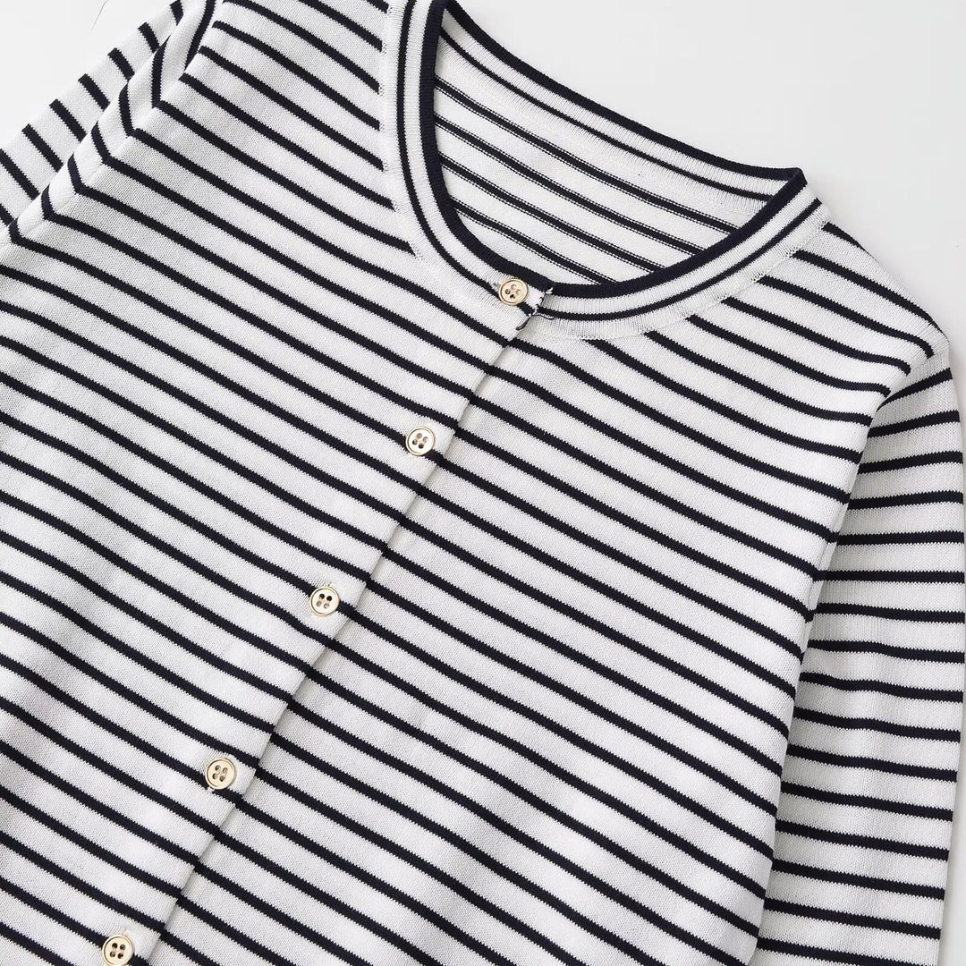 Damen Feinstrick-Cardigan mit maritimem Streifenmuster und Knopfleiste Nord Taschen