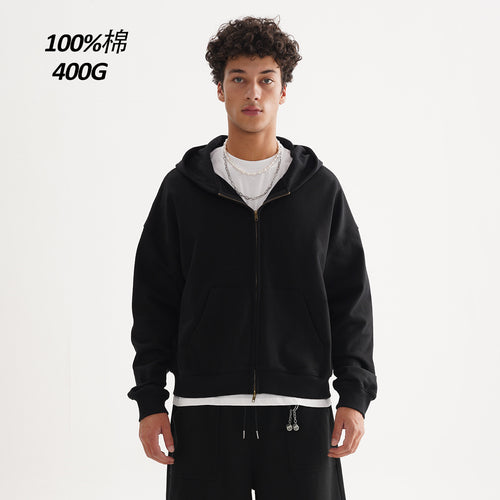 Unisex Reißverschluss-Kapuzenjacke im Boxy-Schnitt aus schwerer French-Terry Nord Taschen