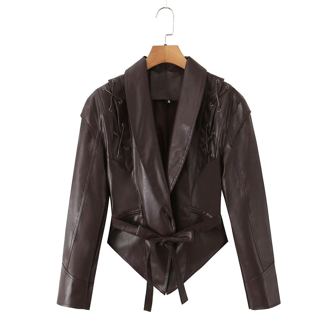 Damen taillierter Kunstlederblazer mit Schnürdetails an den Schultern und Bindegürtel Nord Taschen