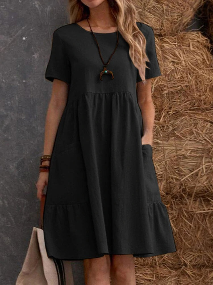 Damen Lockeres Baumwollkleid mit Taschen und Volant