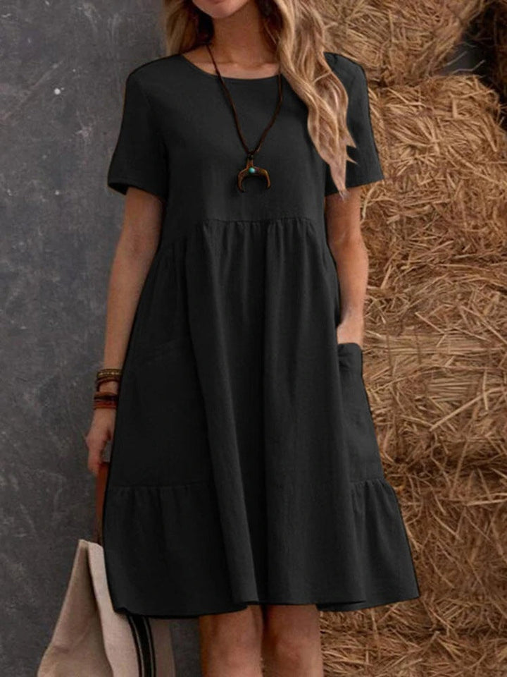Damen Lockeres Baumwollkleid mit Taschen und Volant