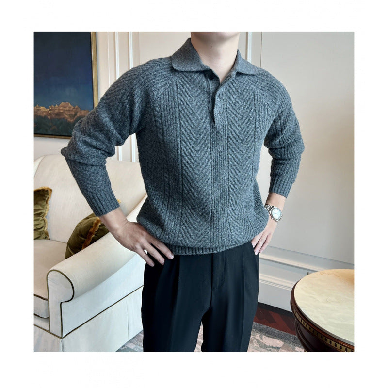 Herren Polokragen-Zopfstrick-Pullover mit halber Knopfleiste Nord Taschen
