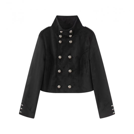 Damen Kurzgeschnittene Taillierte Militärblousonjacke mit hohem Stehkragen, doppelreihigen Metallknöpfen und Schulterriegeln Nord Taschen