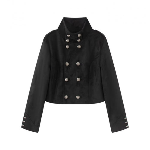 Damen Kurzgeschnittene Taillierte Militärblousonjacke mit hohem Stehkragen, doppelreihigen Metallknöpfen und Schulterriegeln Nord Taschen