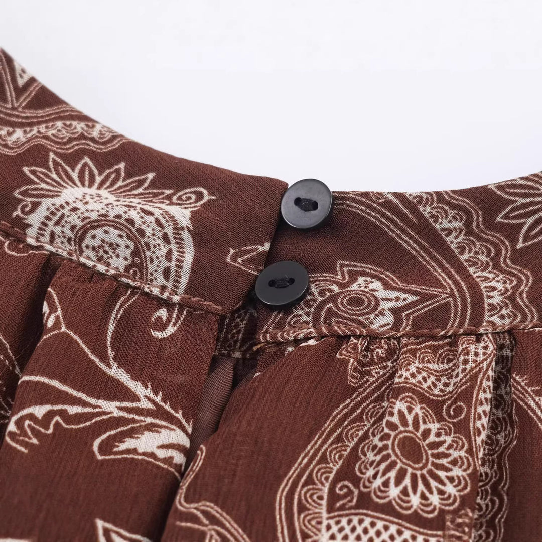 Damen Asymmetrisches Paisley‑Chiffon‑Minikleid mit Ballonärmeln und Taillengürtel Nord Taschen