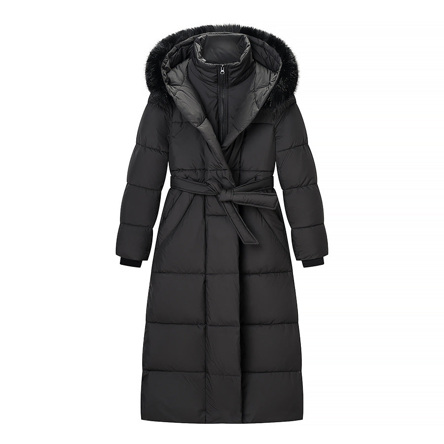 Damen Wattierter Longline-Mantel mit Kapuze und Taillengürtel Nord Taschen