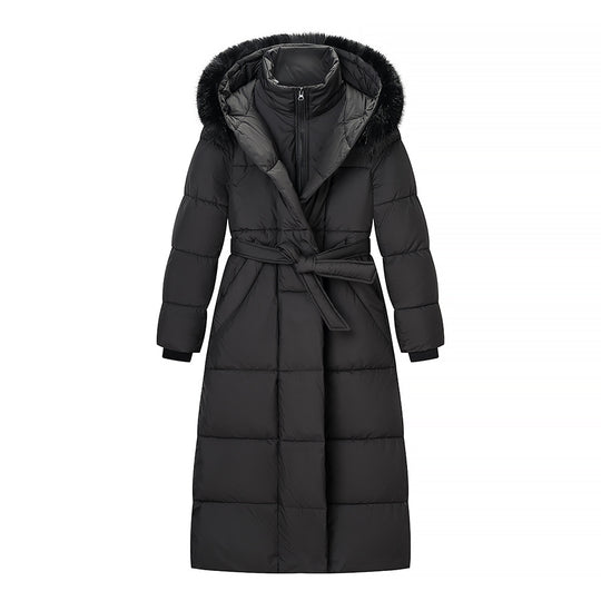 Damen Wattierter Longline-Mantel mit Kapuze und Taillengürtel Nord Taschen