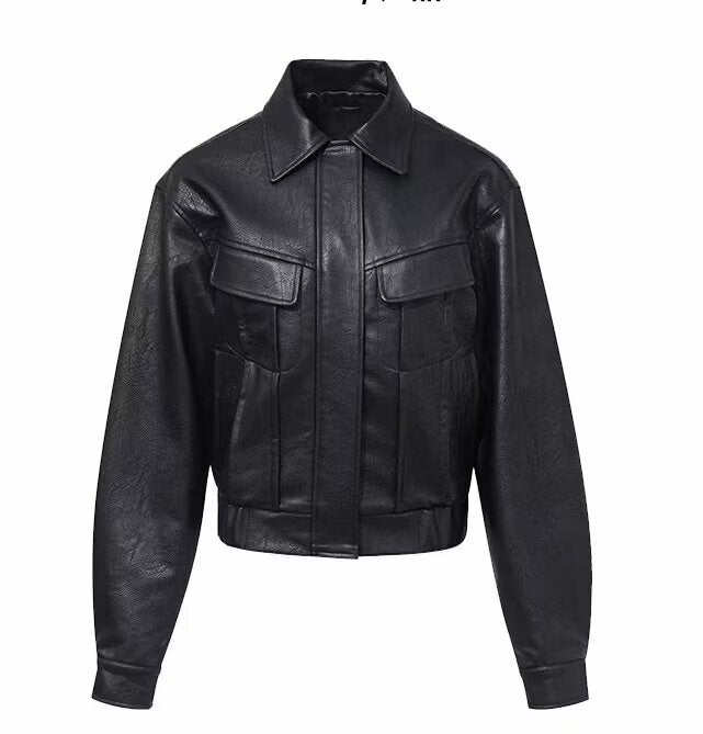 Damen Kurzjacke aus veganer Lederoptik im Cropped-Utility-Worker-Stil mit Pattentaschen Nord Taschen