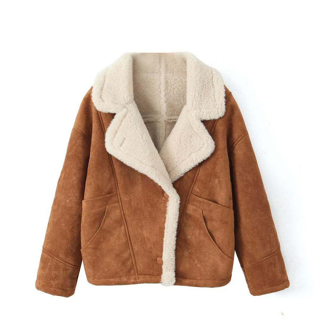 Damen Kurzgeschnittene Fliegerjacke aus Veloursimitat mit Teddyfutter und großem Revers Nord Taschen