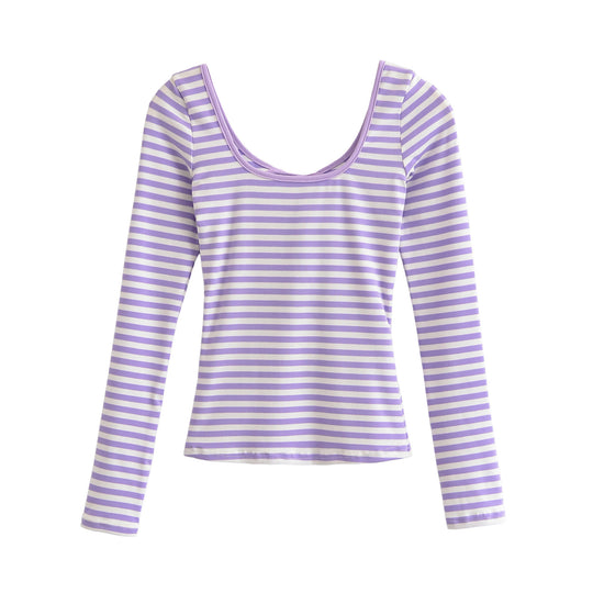 Damen Gestreiftes Langarmshirt mit tiefem Rundhalsausschnitt und Zierschleife Nord Taschen