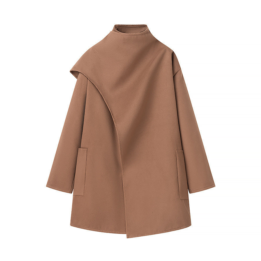 Damen Asymmetrischer Wollmix-Mantel mit Cape-Überwurf und Stehkragen Nord Taschen