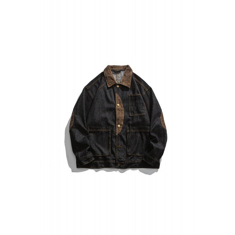 Herren Boxy Denim-Workerjacke mit Cordkragen, Pattentaschen und Ellbogenpatches Nord Taschen