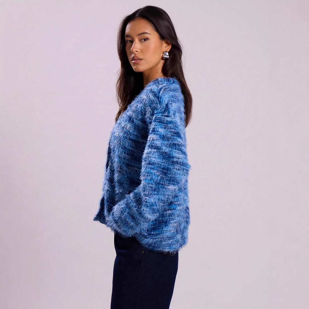 Damen Flauschiger Grobstrick-Cardigan mit V-Ausschnitt Nord Taschen