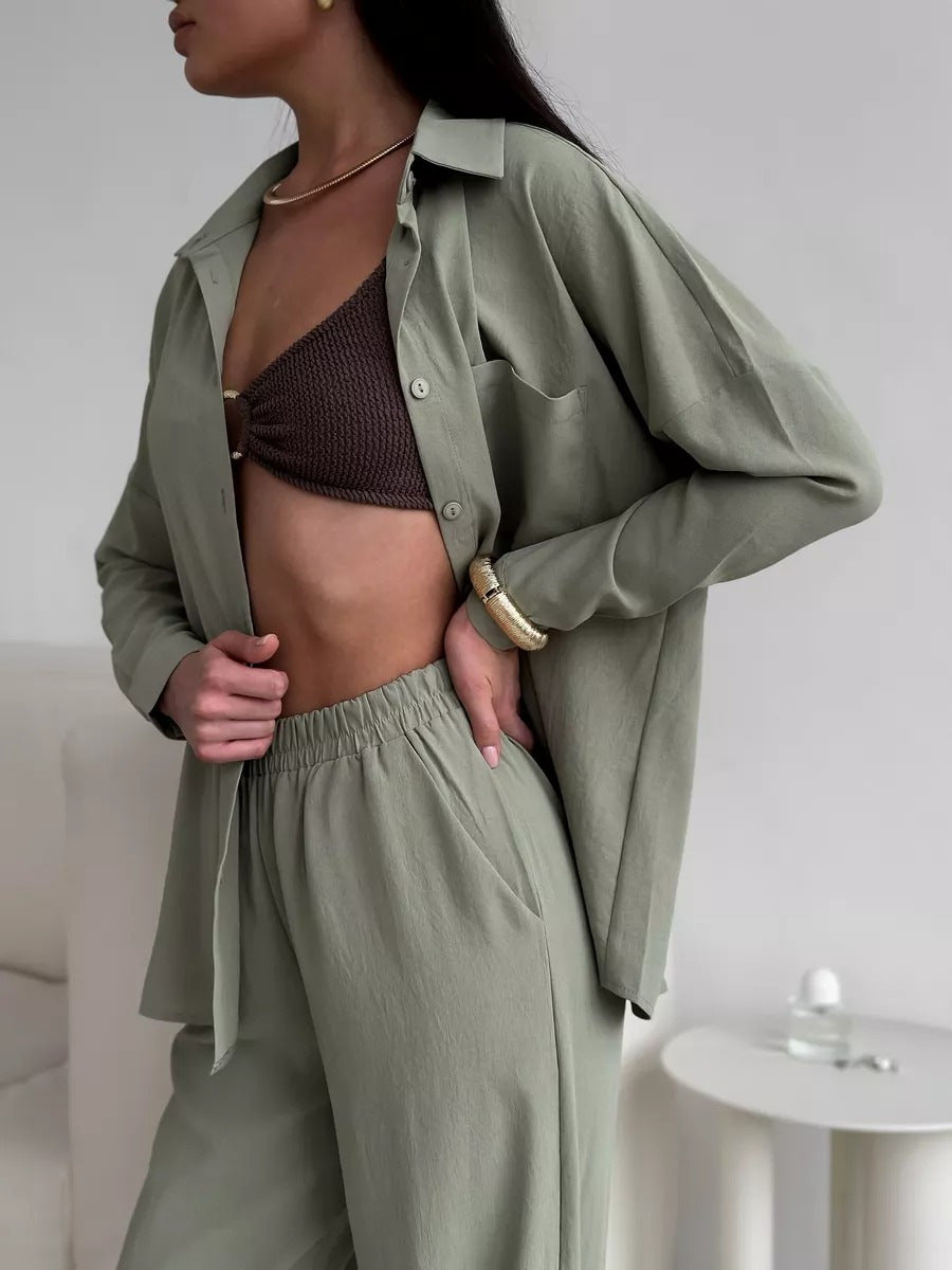 Damen Zweiteiliges Lounge-Set Oversize-Bluse mit Brusttasche und weiter Palazzo-Hose Nord Taschen